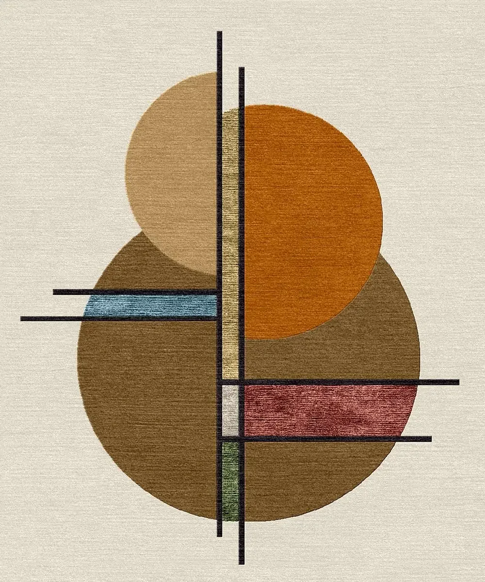 Une œuvre d'art abstraite avec des cercles colorés beige, orange, marron, rouge et vert, et des lignes noires croisées.
