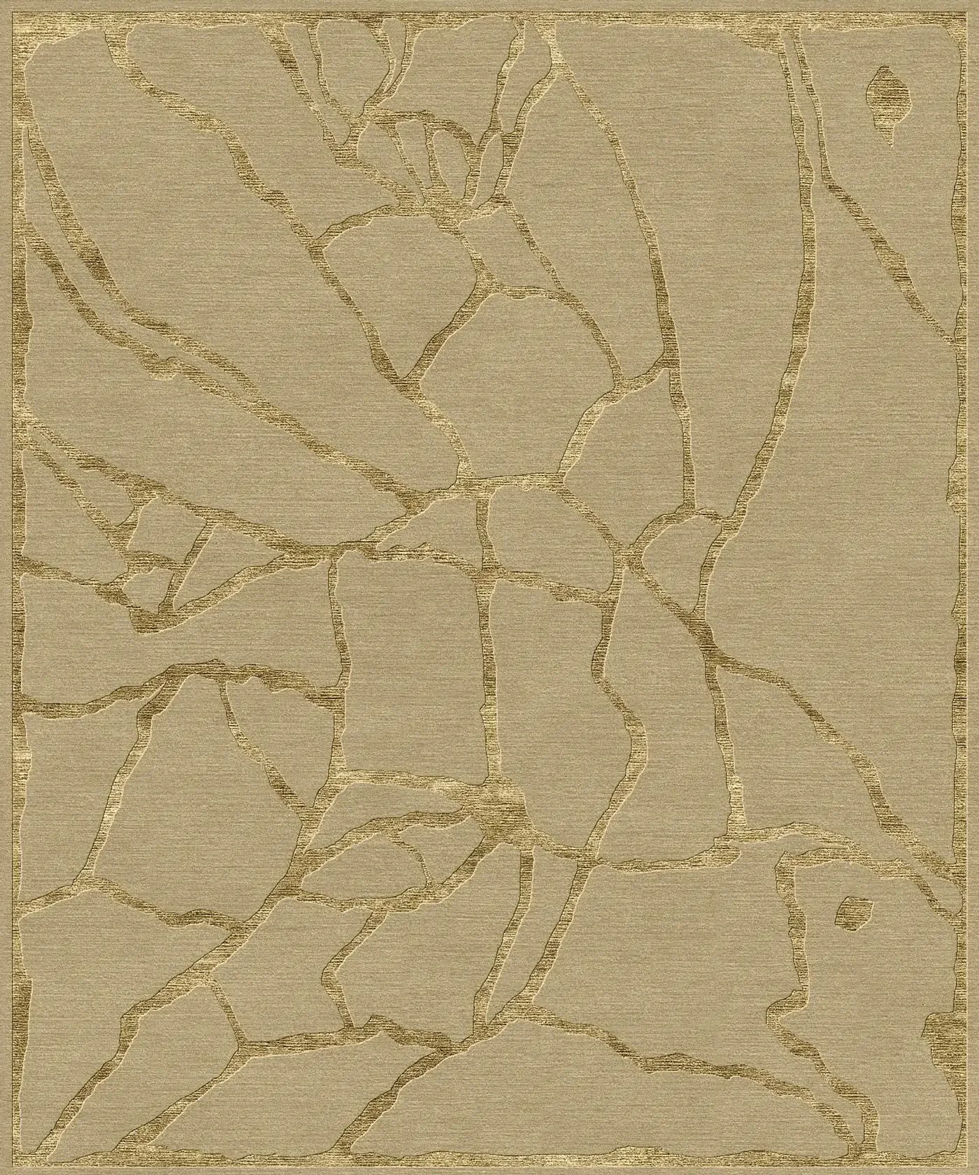 Tapis beige avec un motif de lignes dorées formant un design abstrait.
