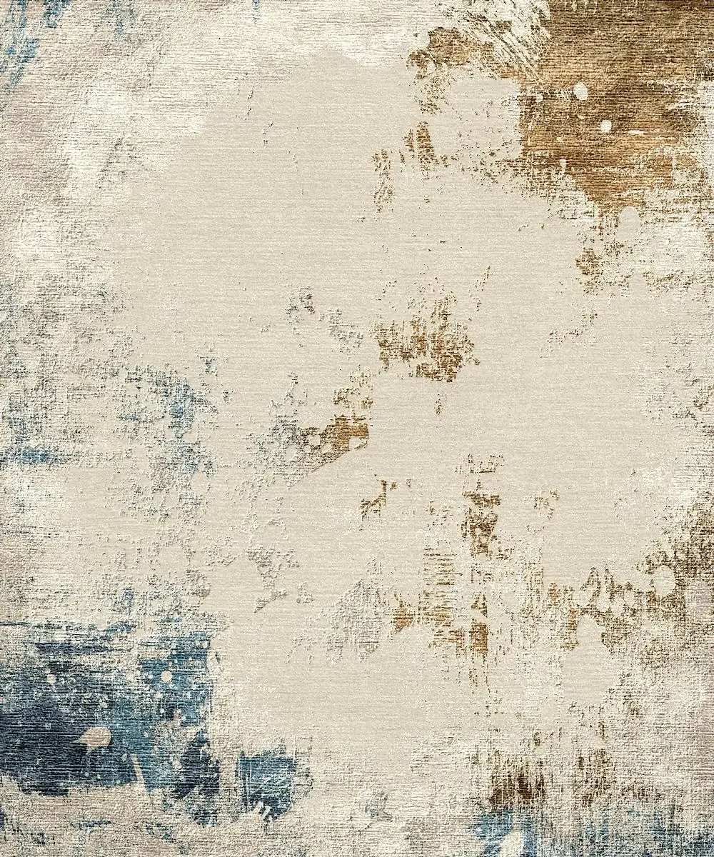 Image d'une peinture ou d'une œuvre d'art abstraite avec des tons beige, marron et bleu, présentant des textures et des formes floues.