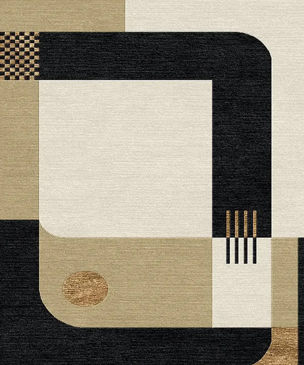 Motif abstrait composé de formes géométriques en beige, noir et blanc avec des textures variées.