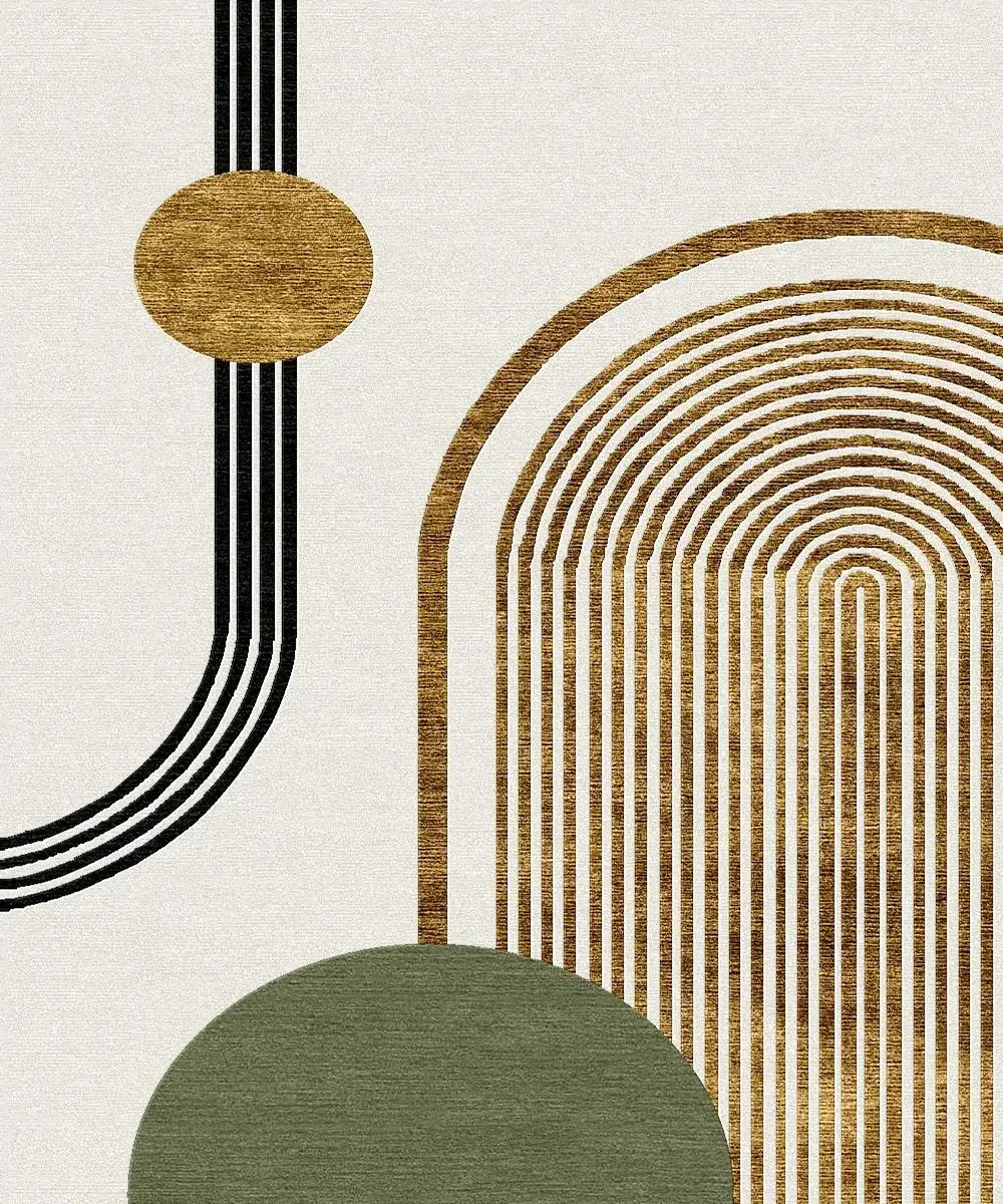 Design géométrique abstrait avec des formes arqué, une ligne horizontale, un cercle et des lignes verticales noires et dorées.