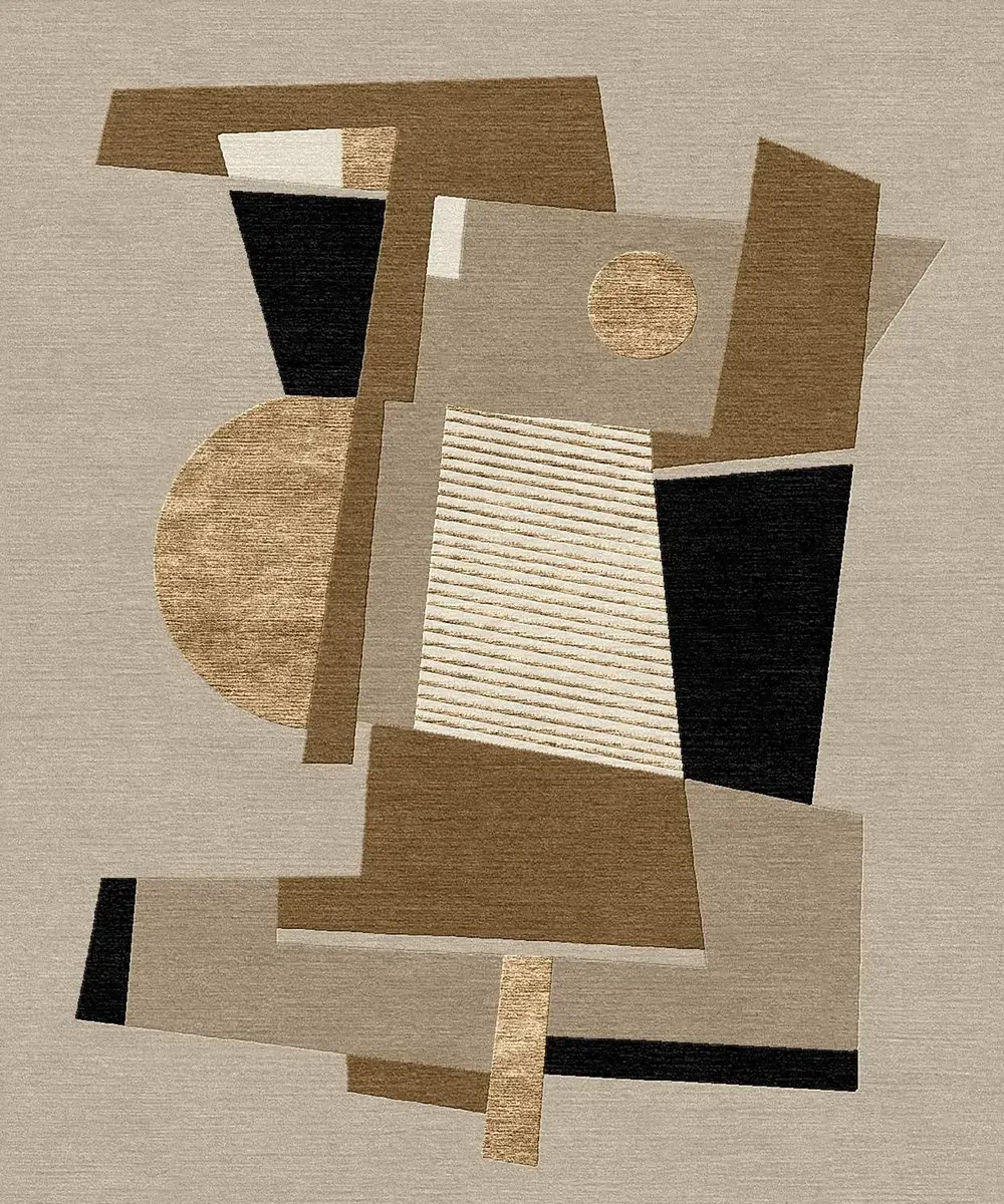 Tapis abstrait avec formes géométriques en beige, noir, et brun.