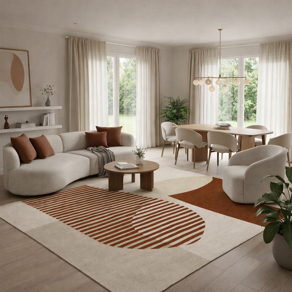 Salon moderne avec grand canapé blanc, deux fauteuils gris, table basse noire, tapis beige et art abstrait sur les murs, fenêtres grandes avec vue sur bâtiment parisien.