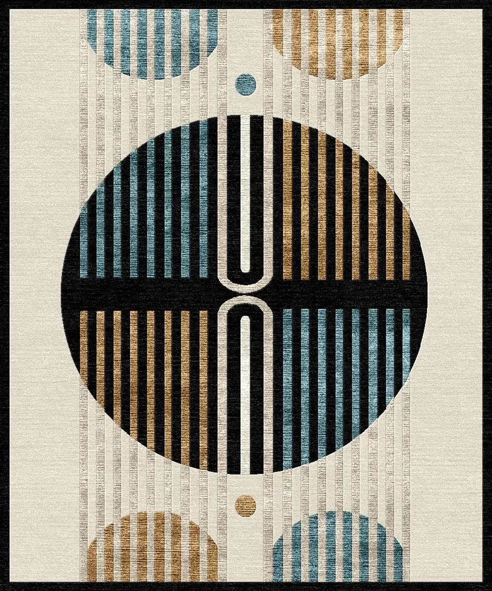 Une image d'une affiche représentant une boule de billard avec une ligne de code, entourée de cercles colorés en bleu, noir et beige, avec un motif de rayures verticales.