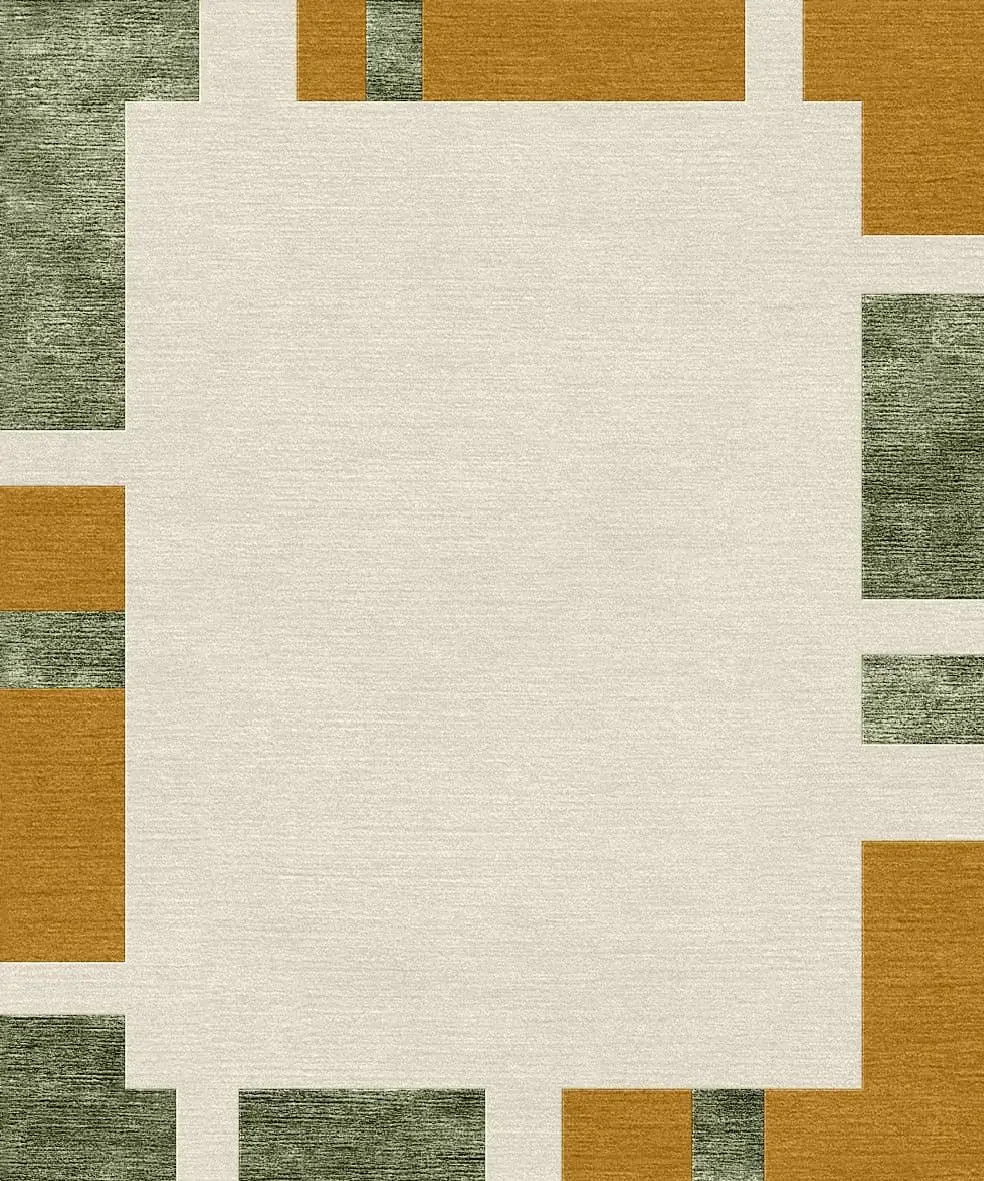 Une image d'un tapis rectangulaire avec un motif géométrique en couleurs beige, verte et orange.