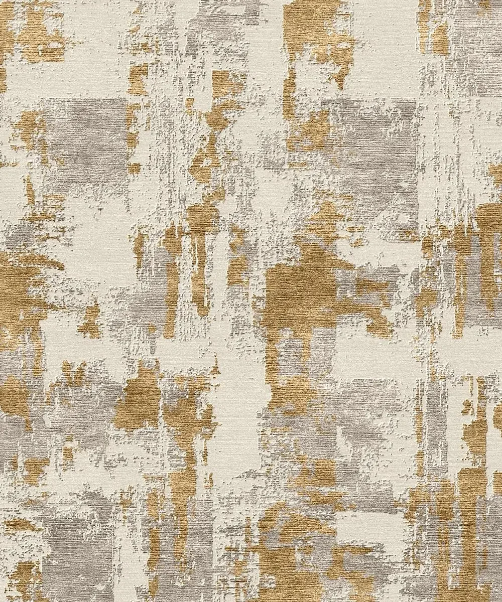 Tapis shaggy avec un motif abstrait en beige, gris et doré.