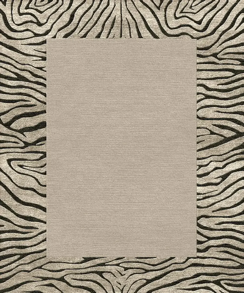 Un tapis avec un motif zébré noir et beige, au centre un rectangle beige lisse.