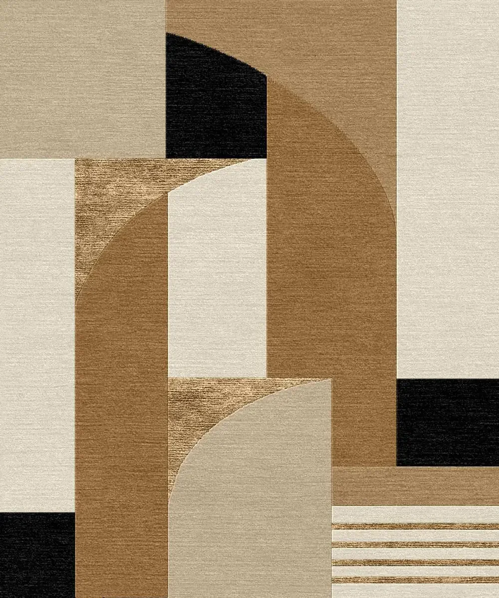 Tapis avec motifs géométriques en teintes de beige, marron et noir.