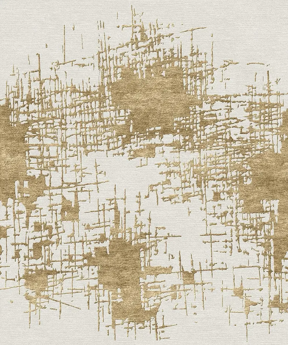 Une tapisserie ou un tableau abstrait avec des motifs géométriques en nuances de beige, or et blanc.