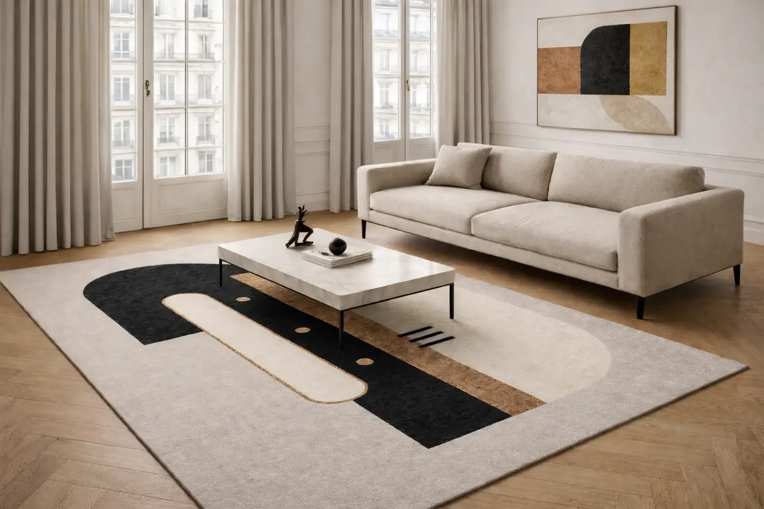 Salon moderne avec canapé beige, tapis abstractif noir, blanc, beige et or, tableau géométrique abstrait, table basse en marbre blanc, décor minimaliste.