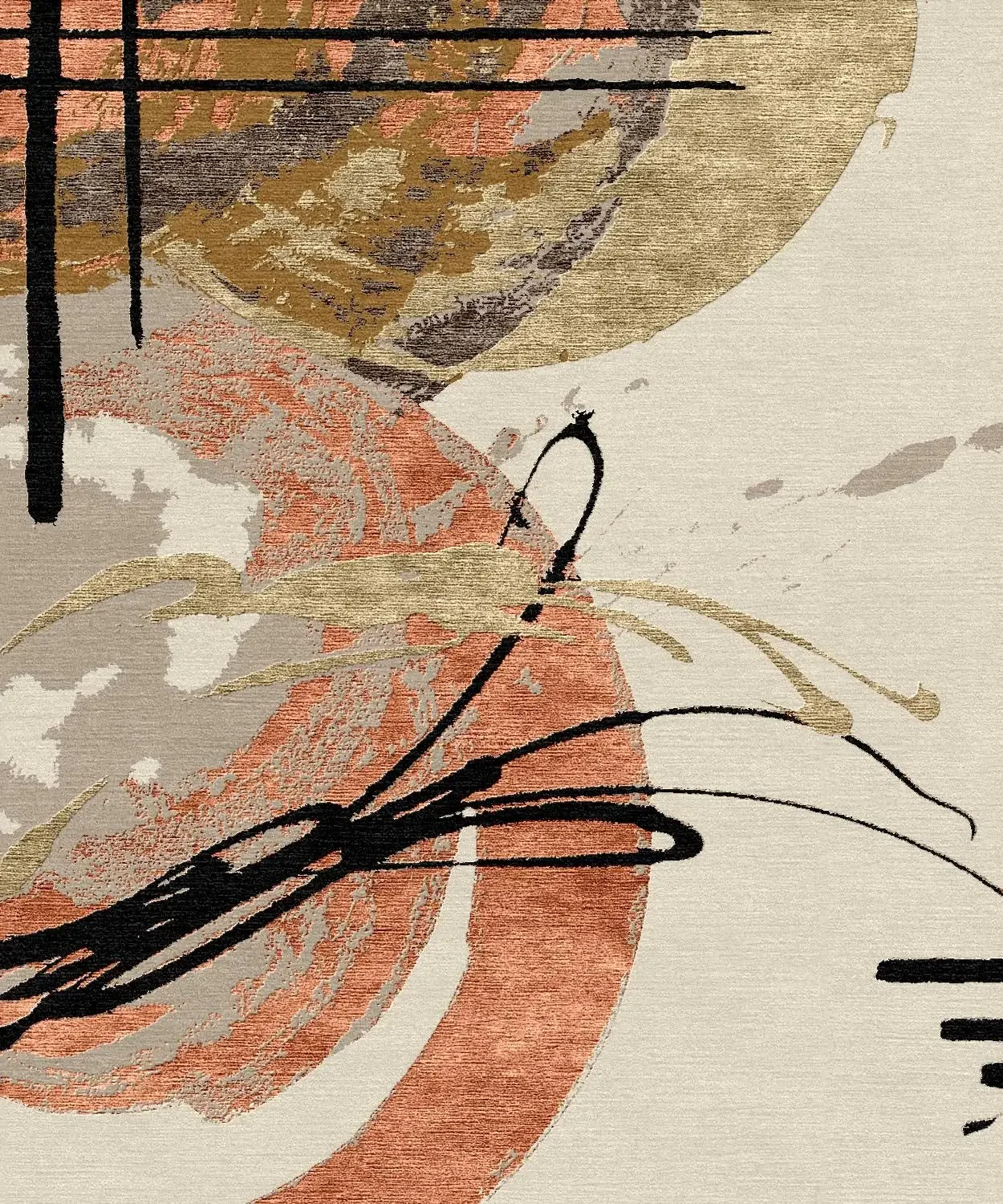 Une œuvre d'art abstraite avec des couleurs beige, noir, rouge et or, comprenant des lignes noires courbes et des formes géométriques