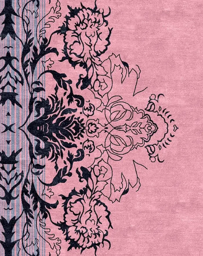 Motif floral avec des bordures noires sur un fond rose, partiellement détaillé avec des motifs en lignes et en zones remplies.