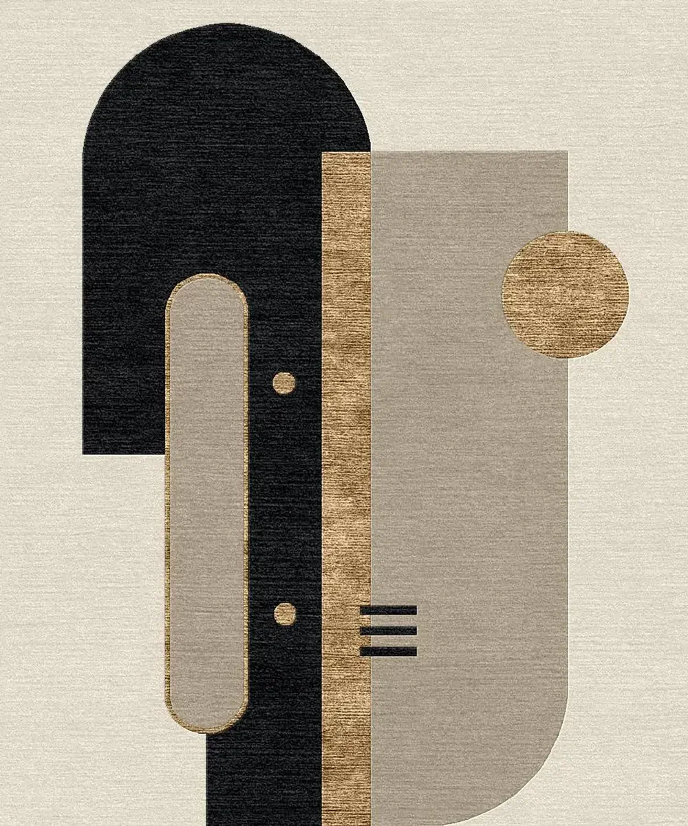 Une œuvre d'art abstraite avec des formes géométriques en couleurs neutres et or, incluant un cercle, un rectangle, et une forme arquée.