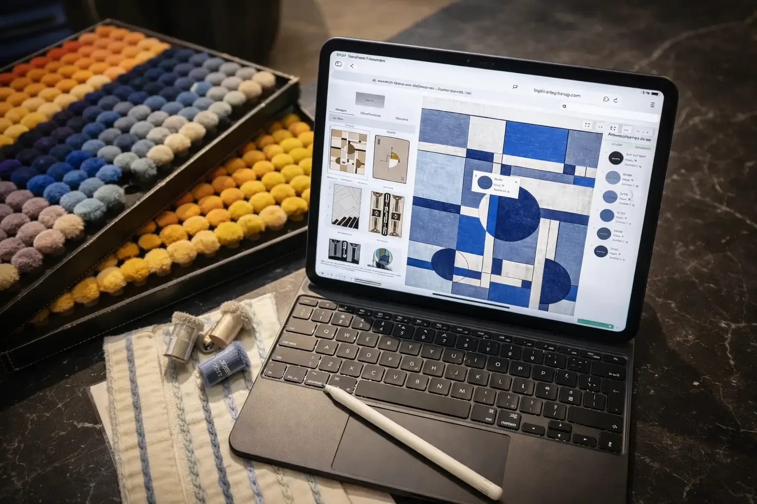 Échantillons de tissus et palettes de couleurs à côté d'une tablette numérique affichant un plan de décoration intérieure, avec un stylet posé sur le clavier du clavier et un coffret de boules de pompon colorées en arrière-plan.