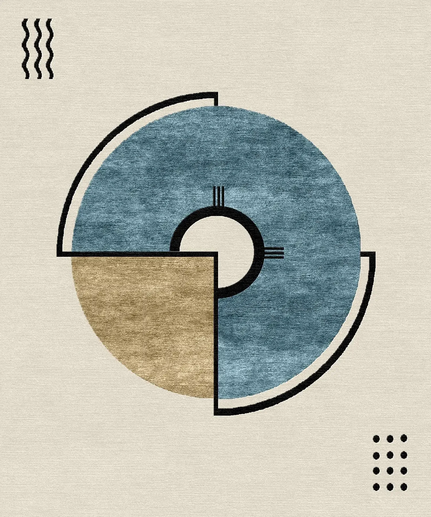 Diagramme circulaire avec sections bleu et marron, décor géométrique avec lignes ondulées et points noirs.