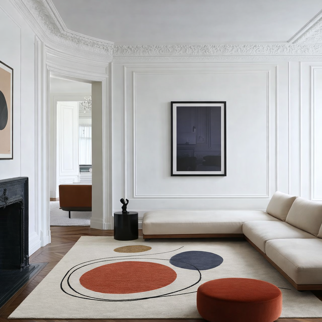 Salle à manger élégante avec un tapis coloré, un grand tableau mural, une table en bois avec six chaises, grandes fenêtres avec rideaux noirs, et moulures sophistiquées au plafond.