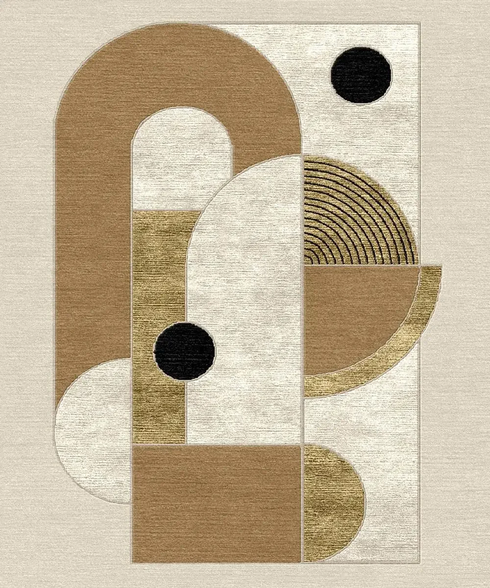 Un tapis avec un motif géométrique abstrait en couleurs beige, blanc, or et noir.