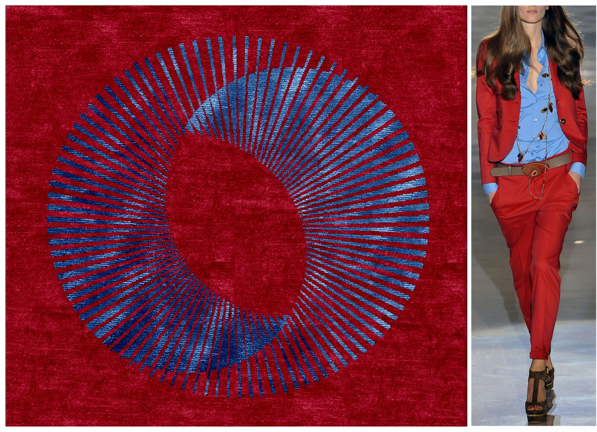 Une photo d'une œuvre d'art abstraite avec un fond rouge et un motif bleu en forme de cercle composé de lignes radiantes, à côté d'une image d'une mannequin marchant en téléchargement total dans un défilé de mode, portant un costume rouge avec une ch
