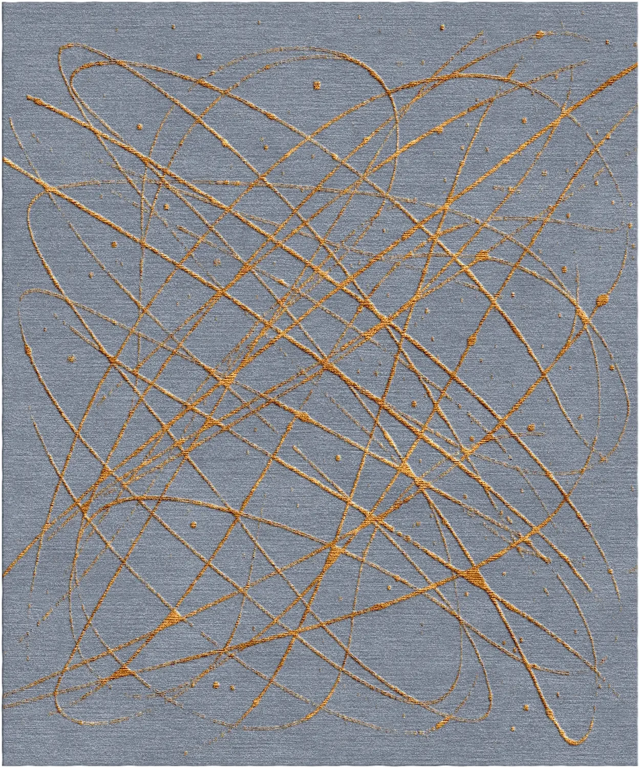 Une toile grise avec des lignes et des points dorés disposés de manière abstraite.