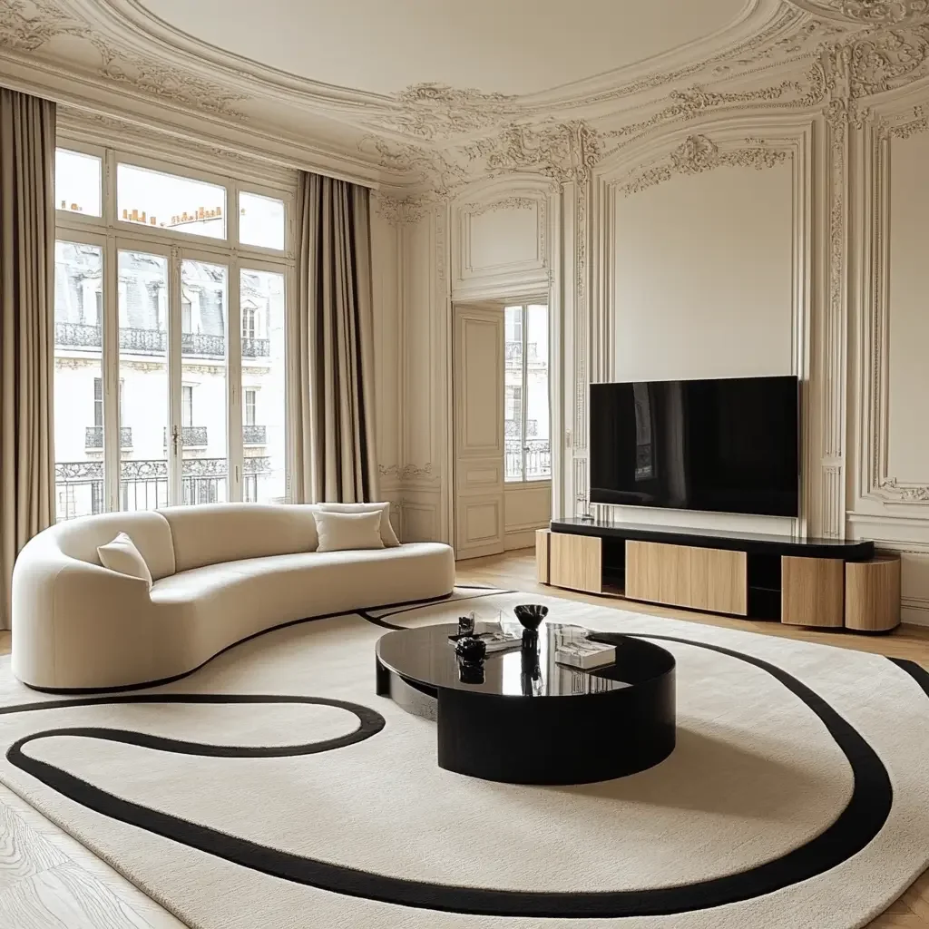Salon moderne avec canapé blanc courbé, tapis beige et noir, meuble TV en bois clair, grand écran plat, fenêtres avec rideaux, murs ornés de moulures détaillées.