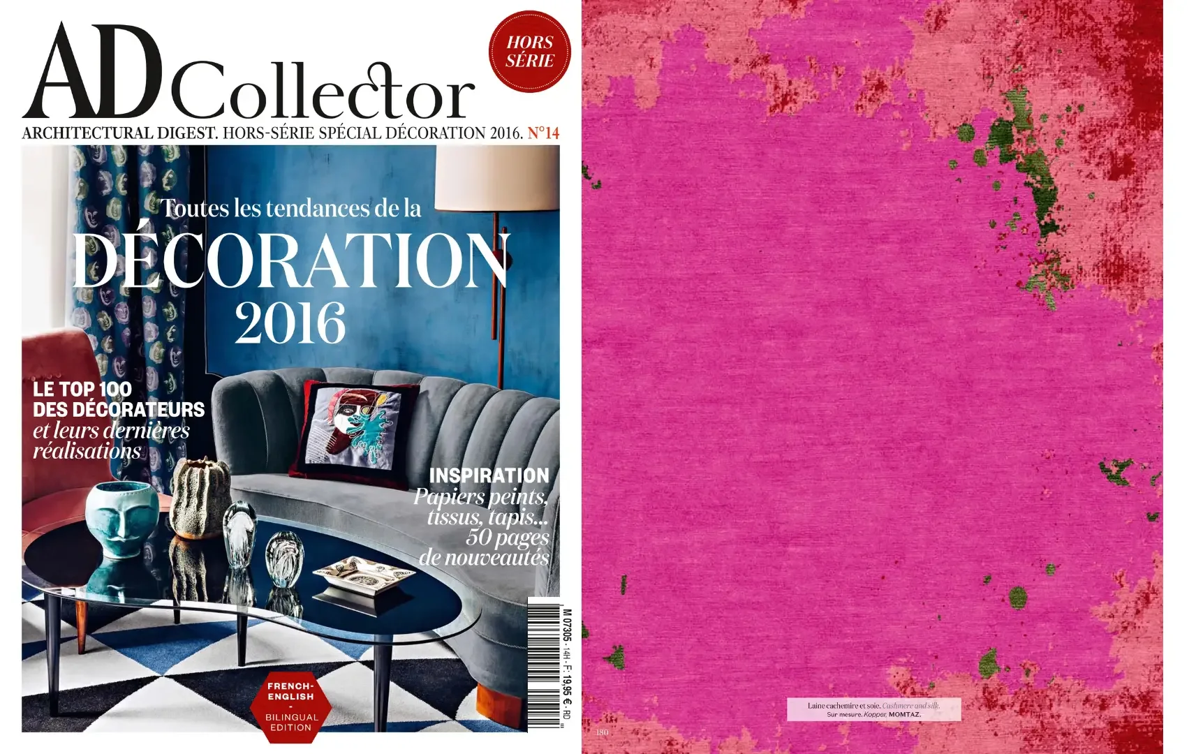 Couverture d'une revue intitulée 'AD Collector', édition Hors-Série Décoration 2016, avec une photo intérieure d'un salon avec un canapé gris, des vases décoratifs, et un tapis géométrique noir et blanc.