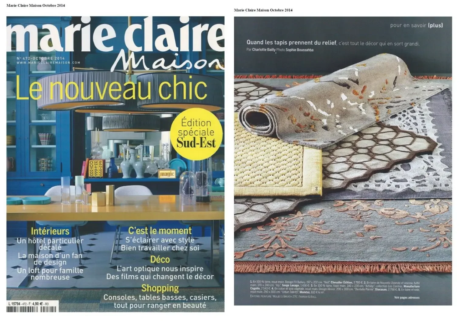 Page de magazine 'Marie Claire Maison' d'octobre 2014, montrant la couverture avec un intérieur bleu et une photo de tapis en relief. Le titre indique 'Le nouveau chic' et le magazine se concentre sur le design intérieur et la décoration.