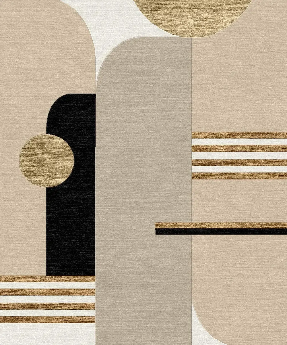 Une œuvre d'art abstraite avec des formes géométriques dans des tons beiges, noirs, gris et dorés.