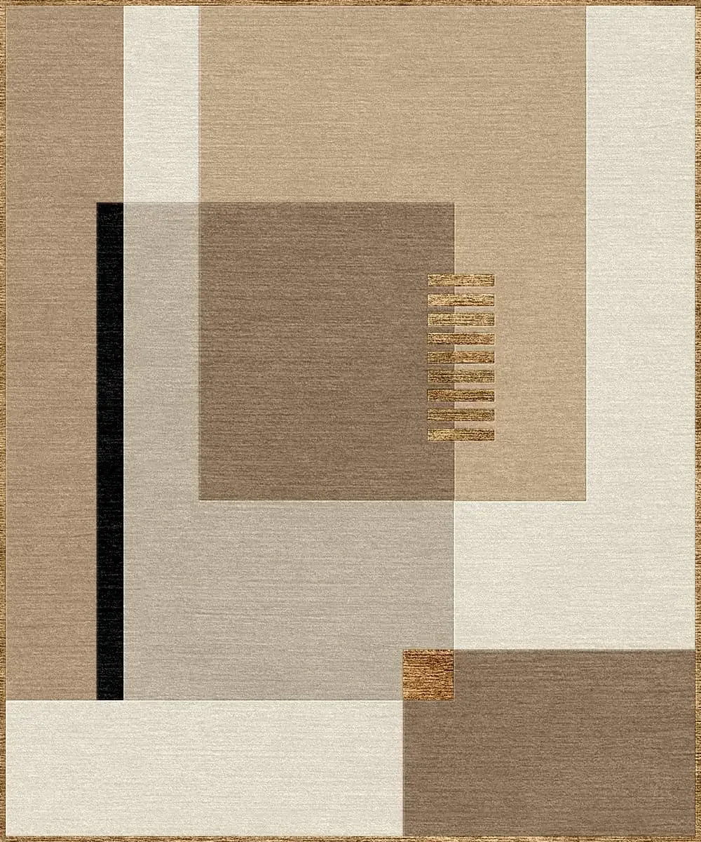 Un tapis ou une œuvre murale avec un motif géométrique abstrait en tons beiges, bruns et crème, avec des bandes et rectangles, et de petites lignes horizontales en couleur bois.