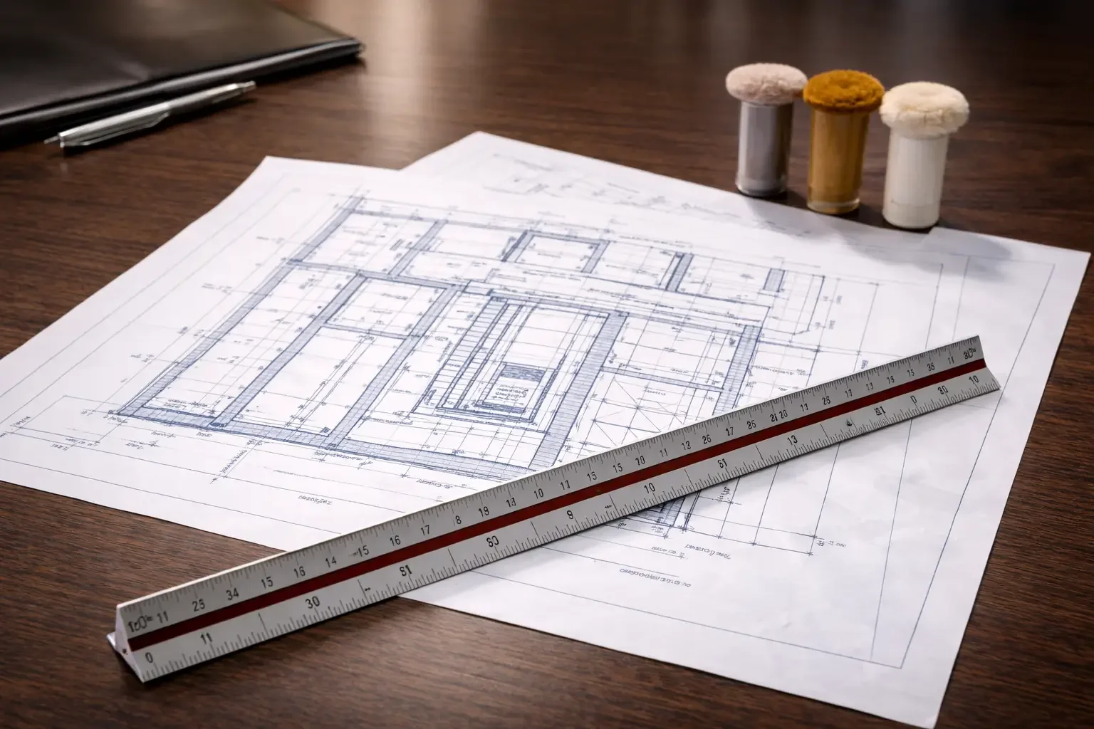 Plan architectural sur une table avec des outils dont une règle, trois pots de peinture, un stylo et un cahier