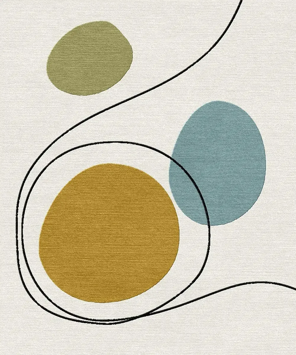 Une œuvre d'art abstraite avec des formes ovales colorées (vert, bleu, jaune) et des lignes noires courbes sur un fond beige.