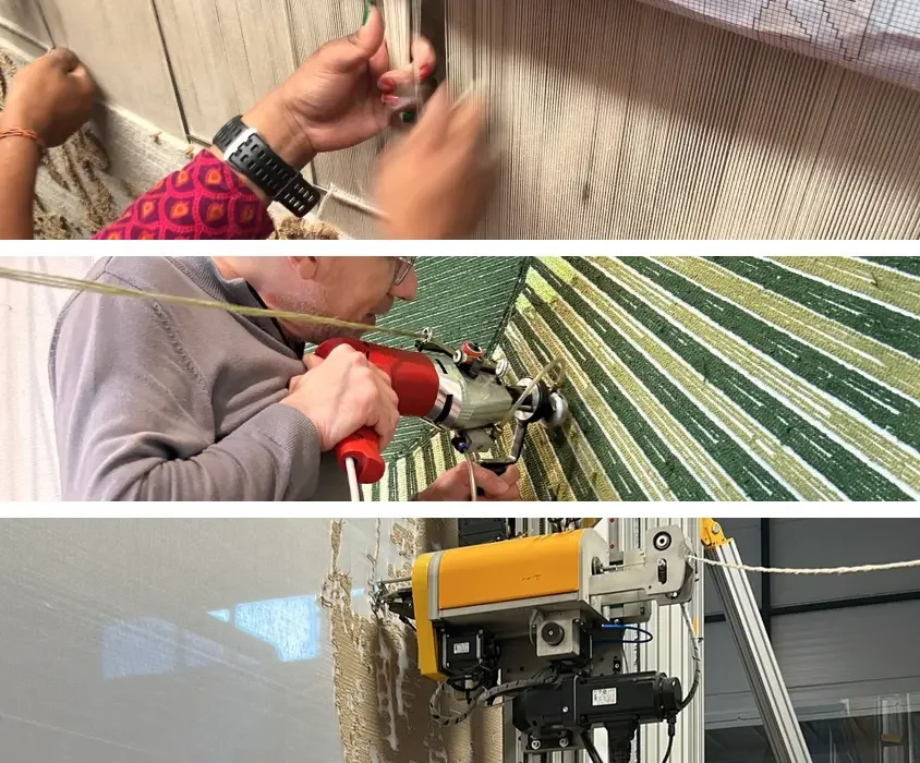 Trois images illustrant des techniques de fabrication ou de réparation : la première montre une personne utilisant un outil pour fixer un objet, la deuxième montre un homme utilisant une perceuse pour faire un trou dans une surface, la troisième montre une machine automatisée durant un processus sur un mur ou une surface verticale.