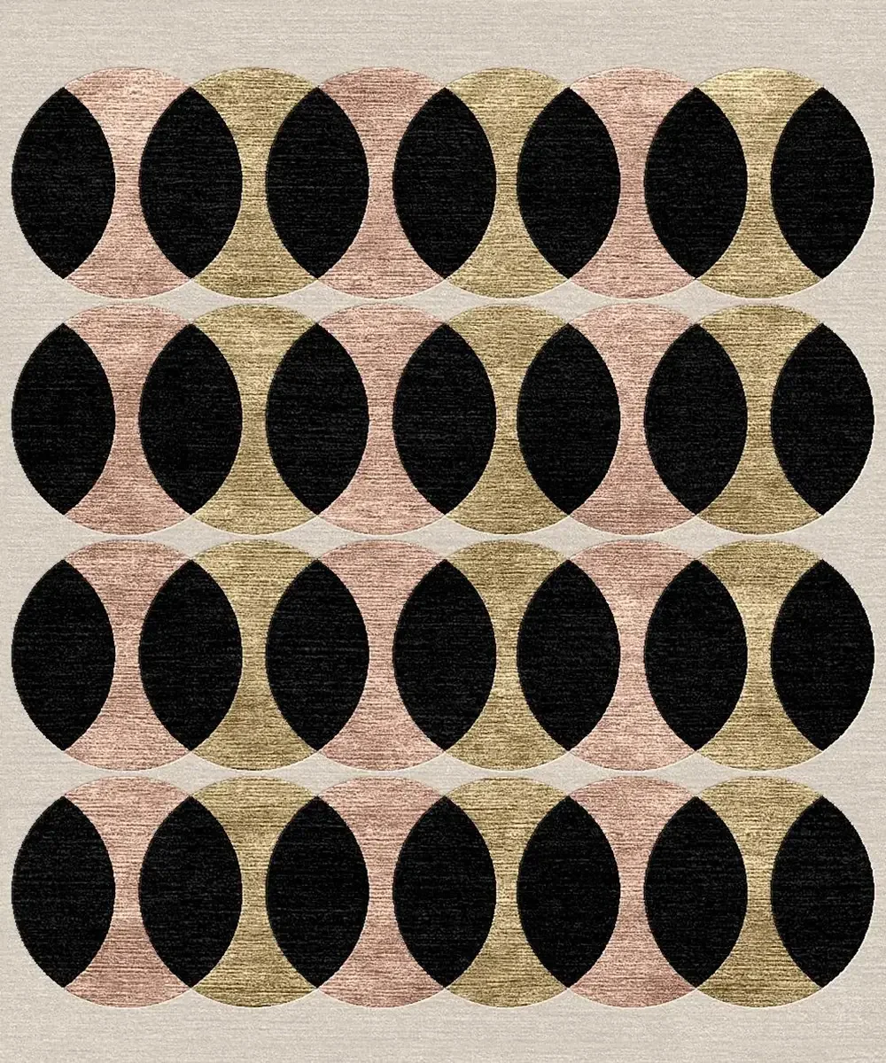 Motif géométrique répétitif de cercles avec moitié noirs et moitié dorés ou roses sur fond beige texturé.