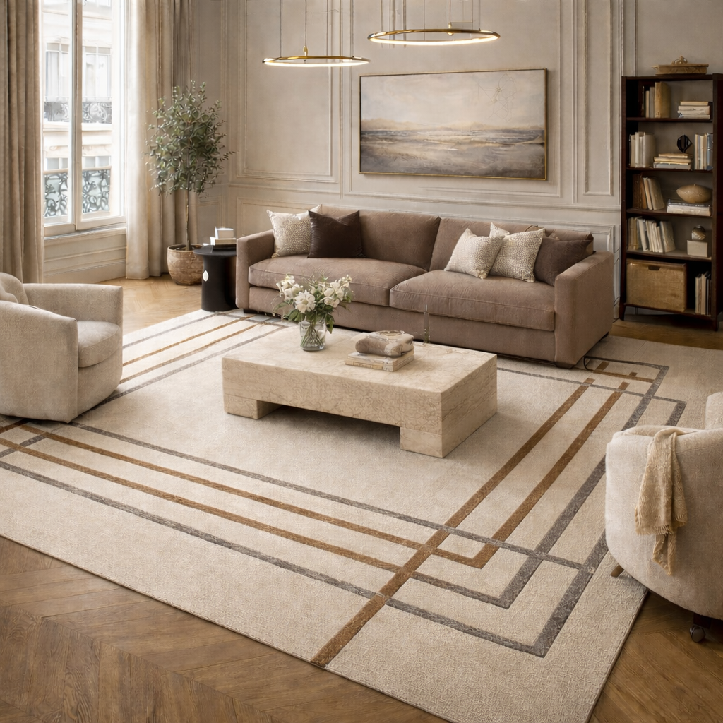 Salon moderne avec un canapé blanc incurvé, une télévision à écran plat sur un meuble en bois clair, une table basse noire, un tapis beige avec une bordure noire, et de grandes fenêtres avec des rideaux épais, décoré dans un style minimaliste et élégant avec des moulures classiques au plafond.
