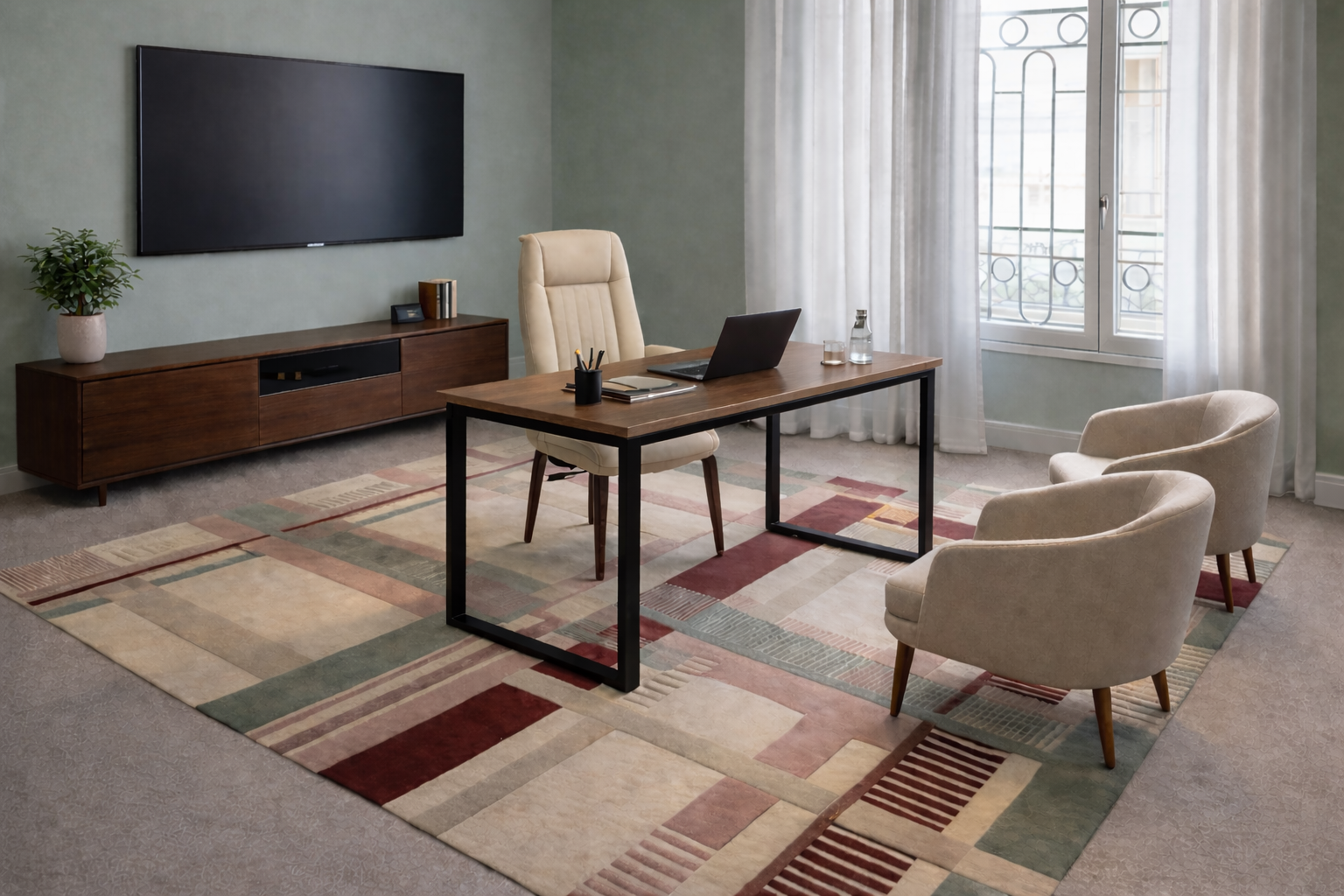 Une salle de réunion avec un tapis à motifs géométriques colorés, deux chaises en plastique emballées, un panneau de télévision noir, un petit pupitre en bois encore emballé, une fenêtre avec rideaux blancs et un balcon visible à l'extérieur.