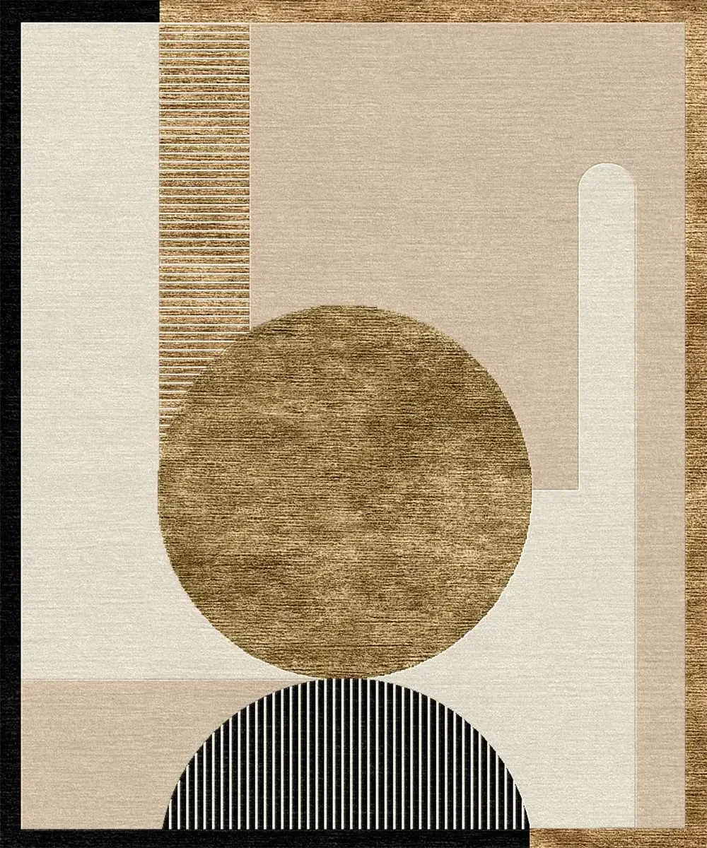Composition abstraite avec formes géométriques colorées, incluant un cercle marron, un rectangle beige, un demi-cercle noir avec lignes blanches, et un rectangle vertical blanc sur fond beige et brun.