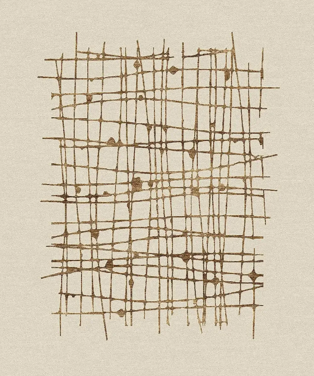 Un dessin représentant un motif géométrique complexe constitué de lignes brunes croisées et de points sur un fond beige.