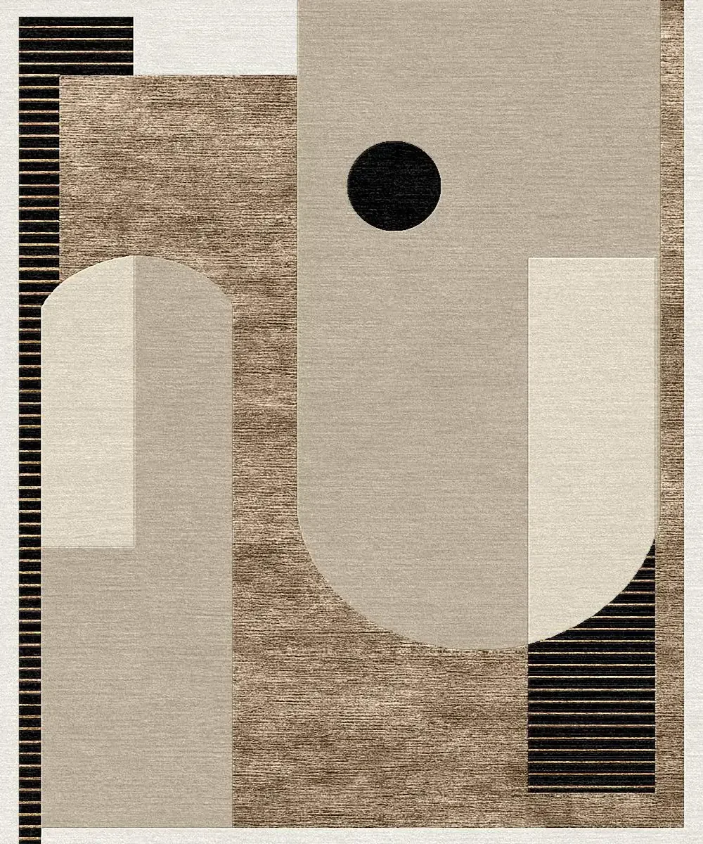 Reproduction d'une œuvre d'art abstraite avec formes géométriques : un cercle noir, un demi-cercle beige, et rectangles à motifs linéaires et texturés dans des tons neutres de beige, brun, et noir.