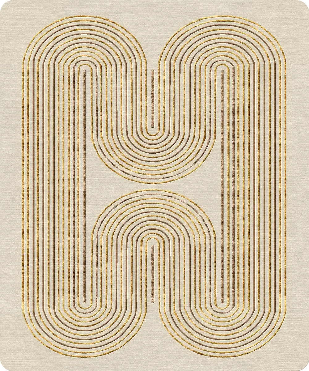 Tapis beige avec un motif géométrique abstrait formé de lignes dorées et brunes courbes et symétriques.