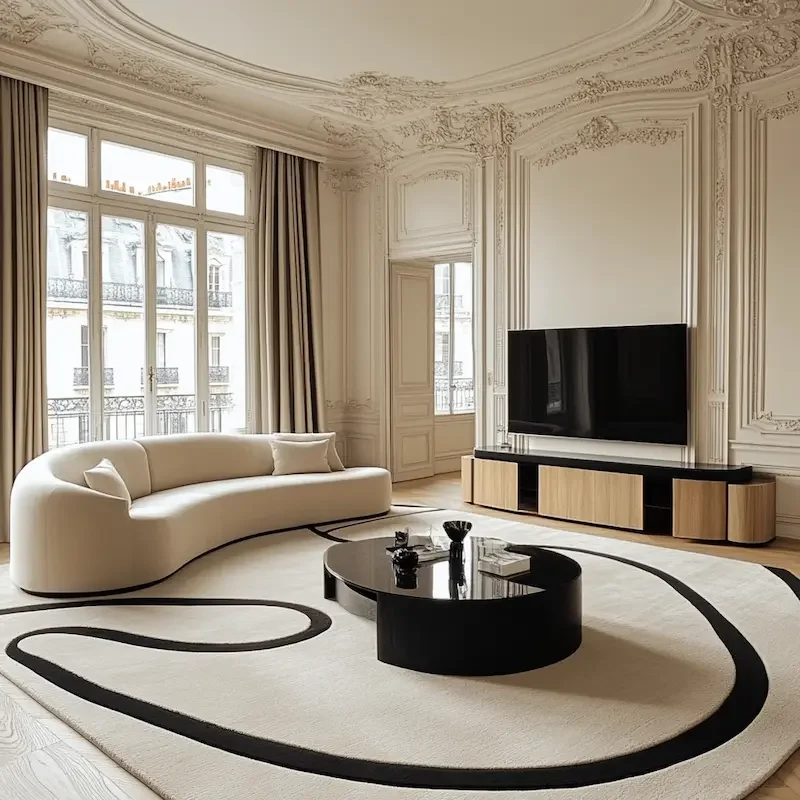 A modern living room featuring a curved white sofa, a flat-screen TV on a light-wood console, a black coffee table, and a beige rug with a black border. Large windows with heavy curtains illuminate the space, decorated in a minimalist and elegant sty