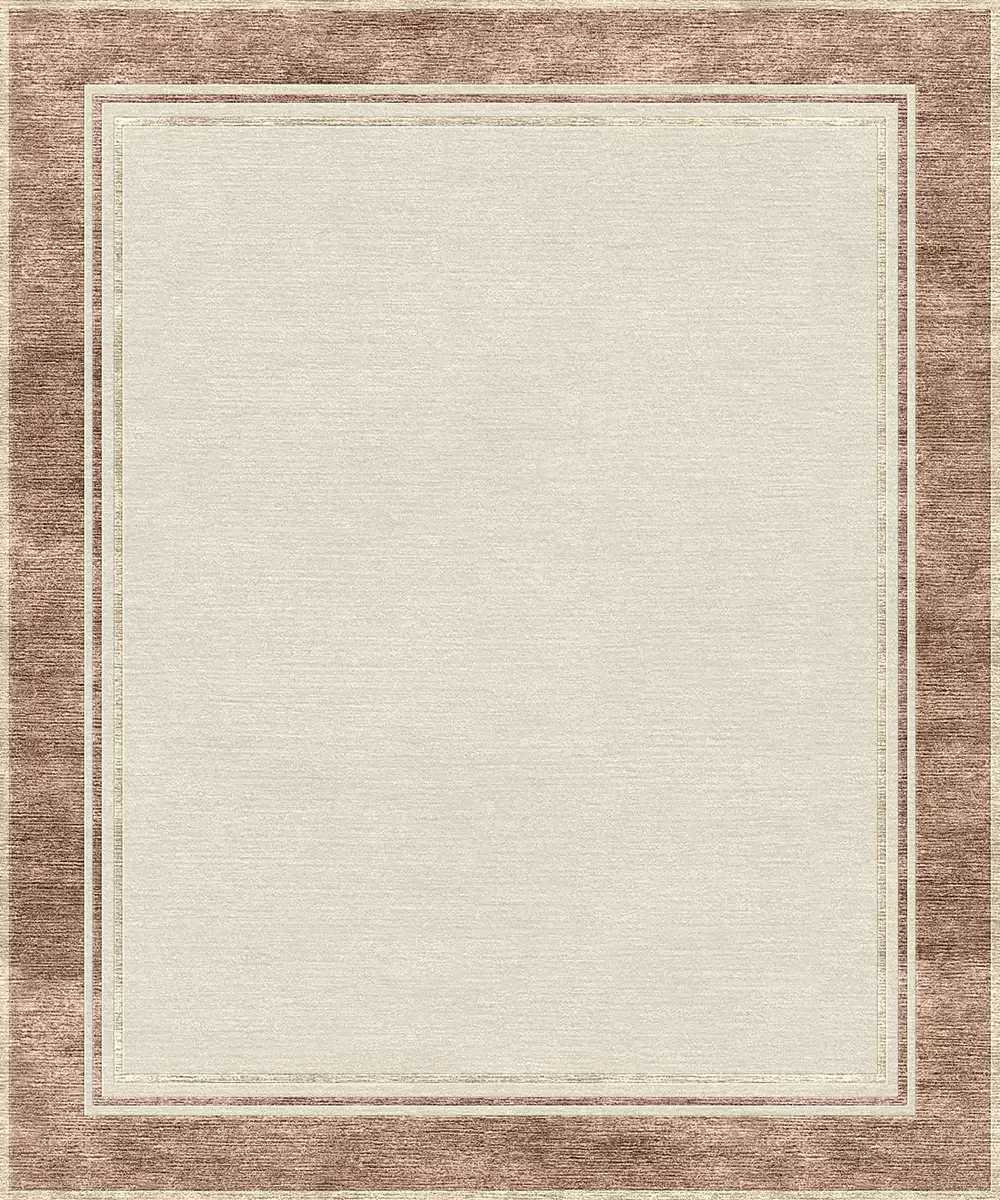 Un tapis beige avec une bordure marron clair, décoration simple et élégante.
