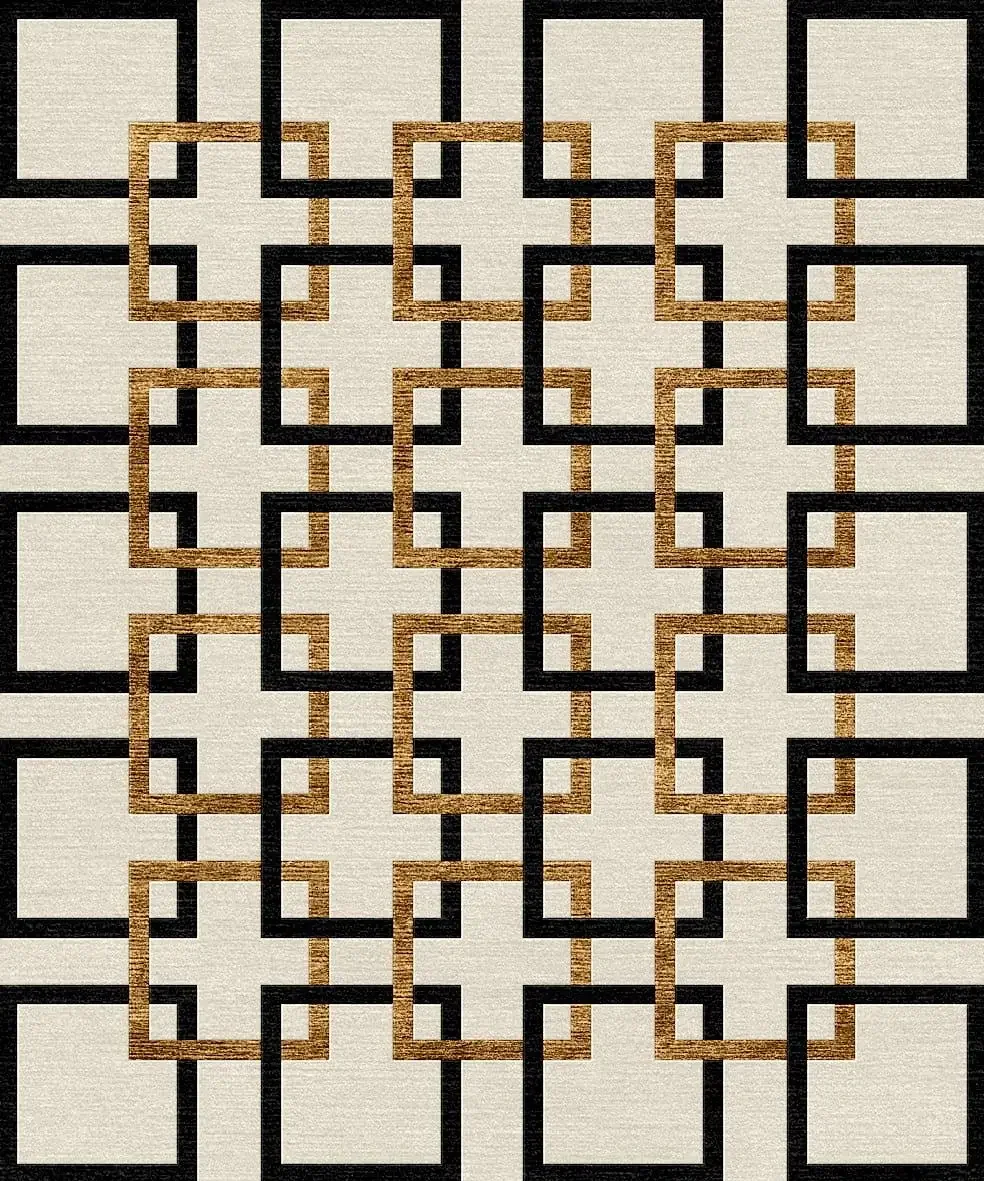 Motif géométrique composé de carrés noirs et de carrés en bois clair connectés en un motif répétitif.