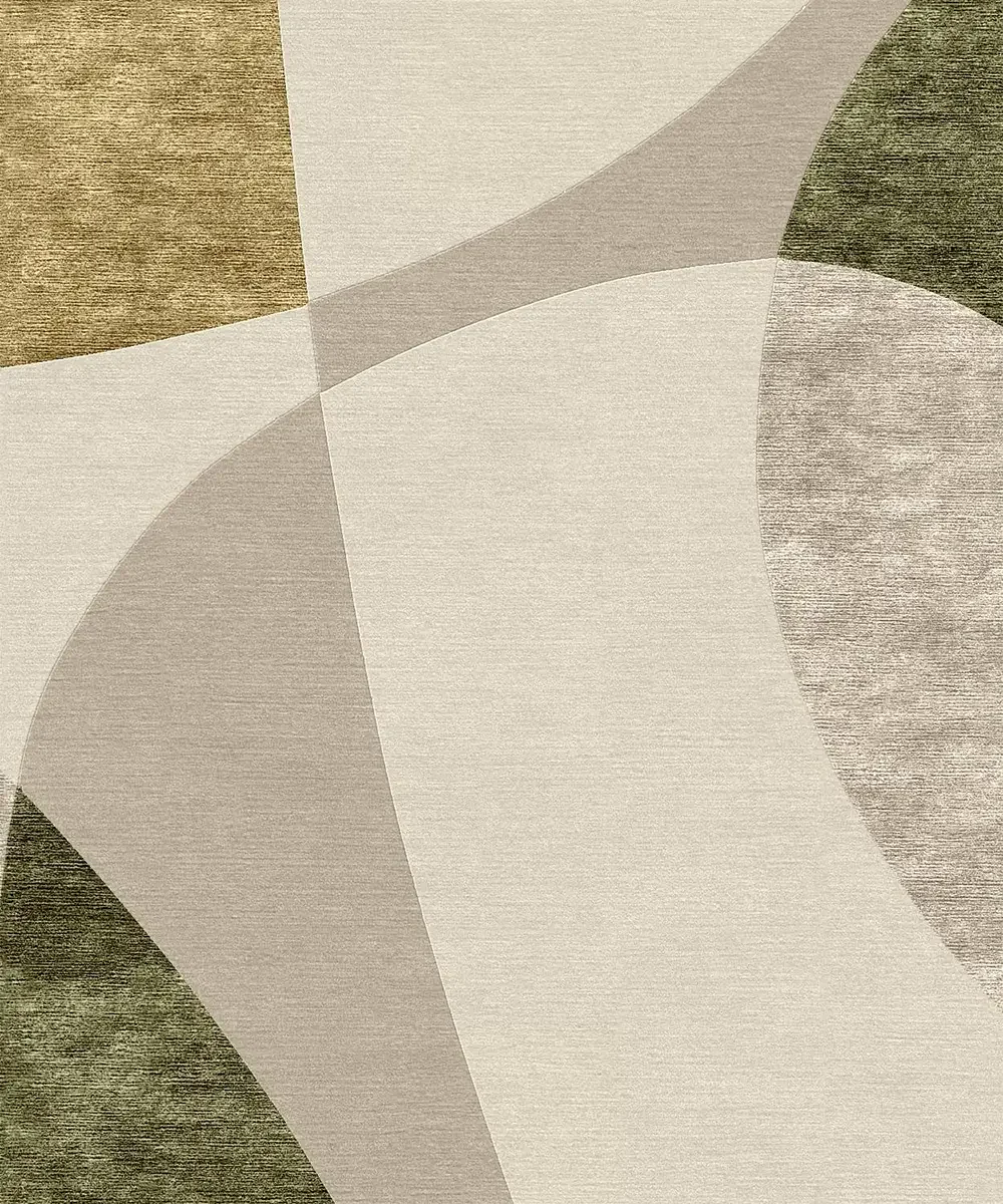 Motifs géométriques abstraits avec des formes arrondies dans des tons neutres de beige, marron, gris et crème.