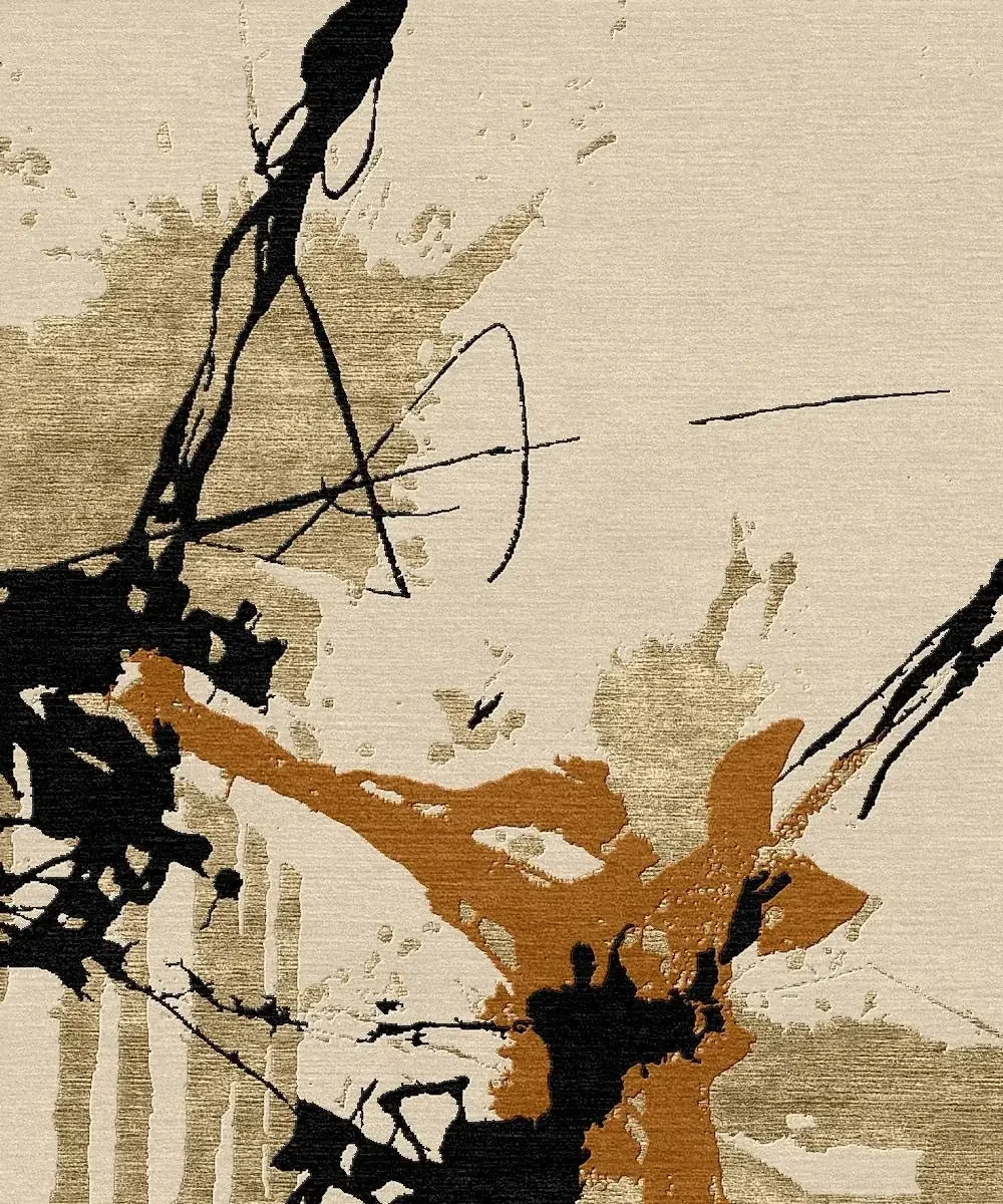 Une peinture abstraite avec des touches de noir, beige et marron, représentant des lignes et des formes fluides.