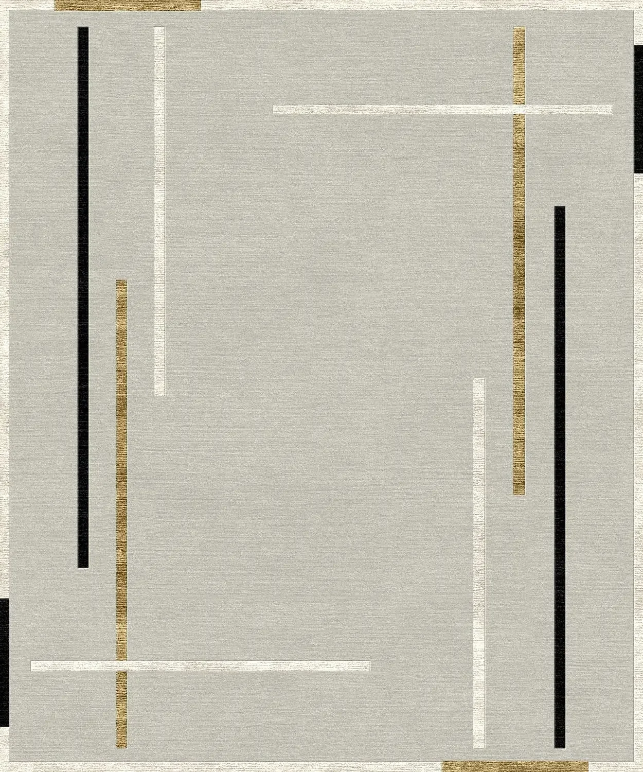 Un tapis moderne avec des lignes noires, blanches et dorées sur un fond beige. Un motif géométrique abstrait.