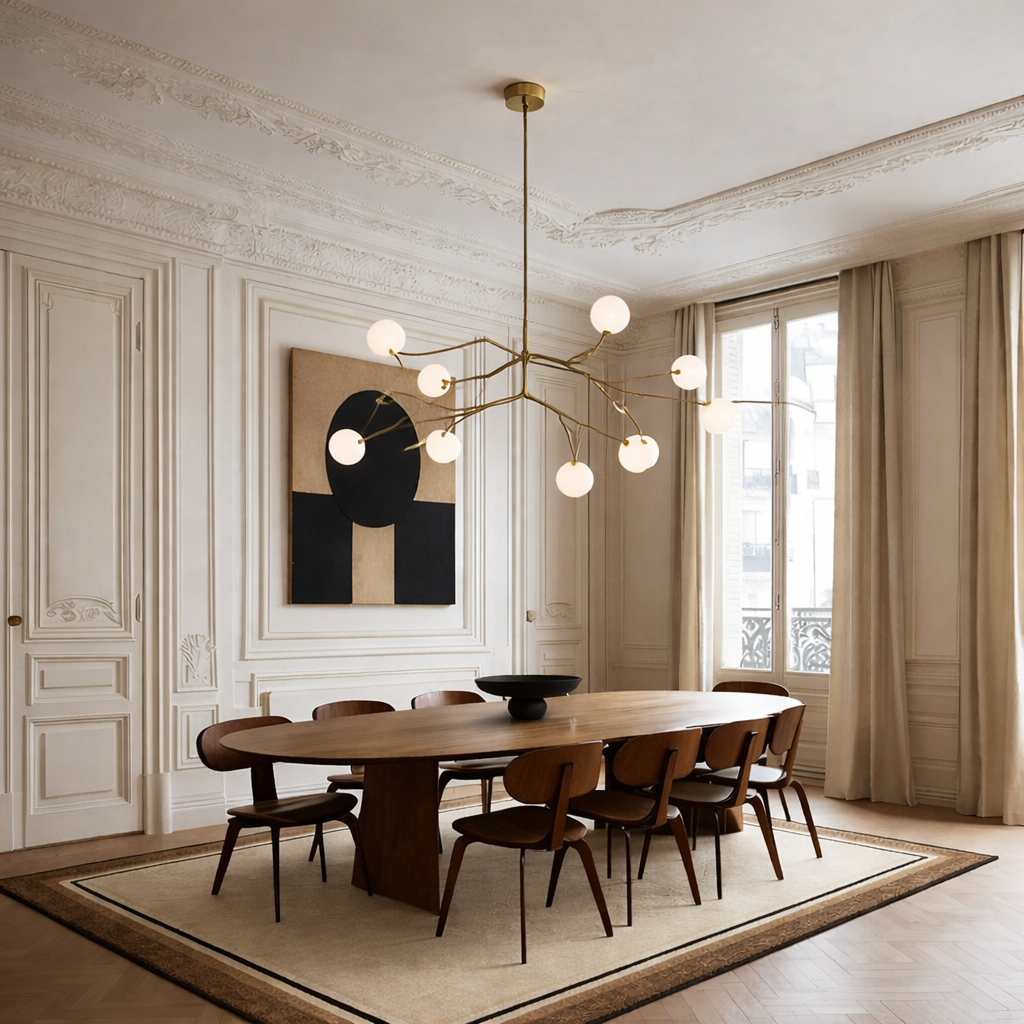 Un bureau élégant avec un bureau en bois foncé, une chaise pivotante noire, une lampe sur le mur, une bibliothèque pleine de livres, de grandes fenêtres avec des rideaux blancs, et un tapis aux motifs abstraits, dans une pièce lumineuse et sophistiquée.