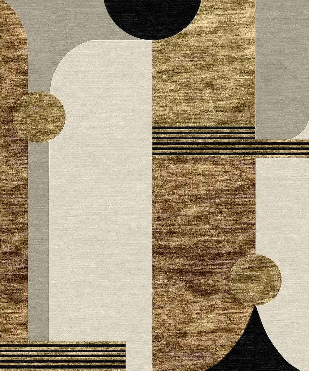 Une œuvre d'art abstraite composée de formes géométriques telles que cercles, rectangles et lignes, dans des tons de beige, marron, noir et gris.