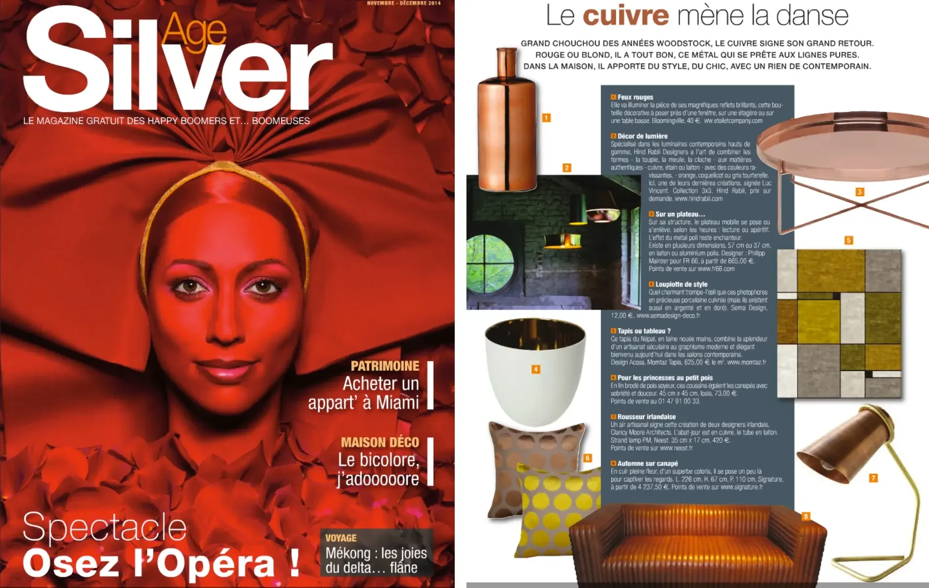Couverture d'un magazine intitulé 'Silver Age', avec une femme portant un bandeau doré, entourée de fleurs rouges. À droite, des images et descriptions d'objets décoratifs et de mobilier avec numéros, comprenant un vase, un luminaire, un plateau, des