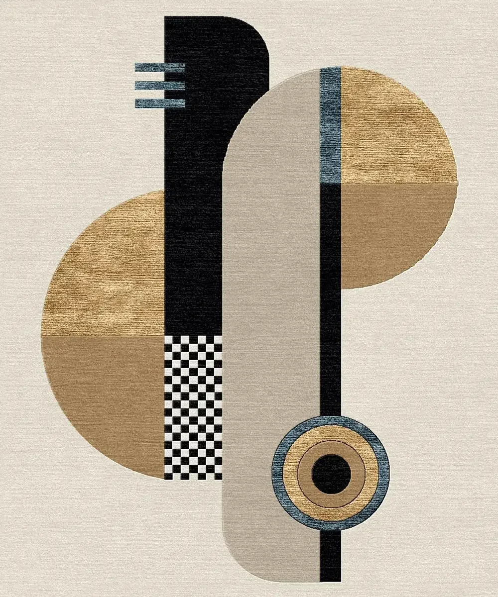 Une illustration abstraite avec des cercles et des lignes noires, avec des couleurs beige, or et noir, sans objet identifiable spécifique.