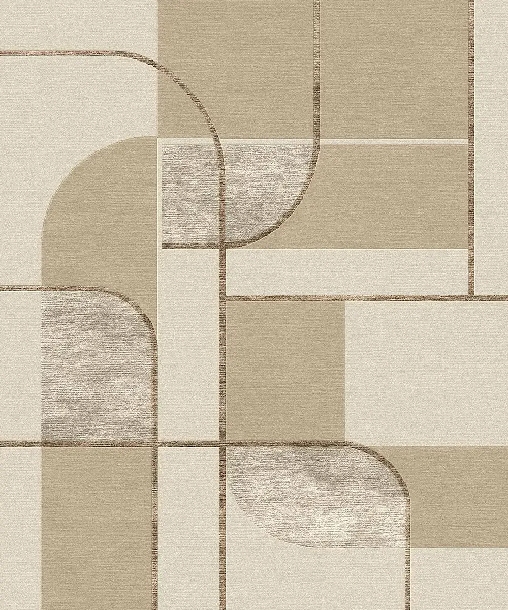 Motifs géométriques abstraits en beige et gris avec courbes et lignes droites.