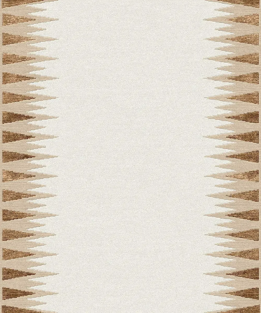 Tapis beige avec une bordure en motifs triangulaires bruns et beige, motif ethnique géométrique.
